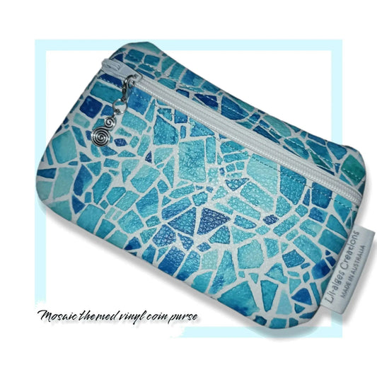Blue mosaic themed handmade vinyl coin purse with zipper pull options, made in Australia - Lil-aiges Creations - Quality Australian-made Gifts