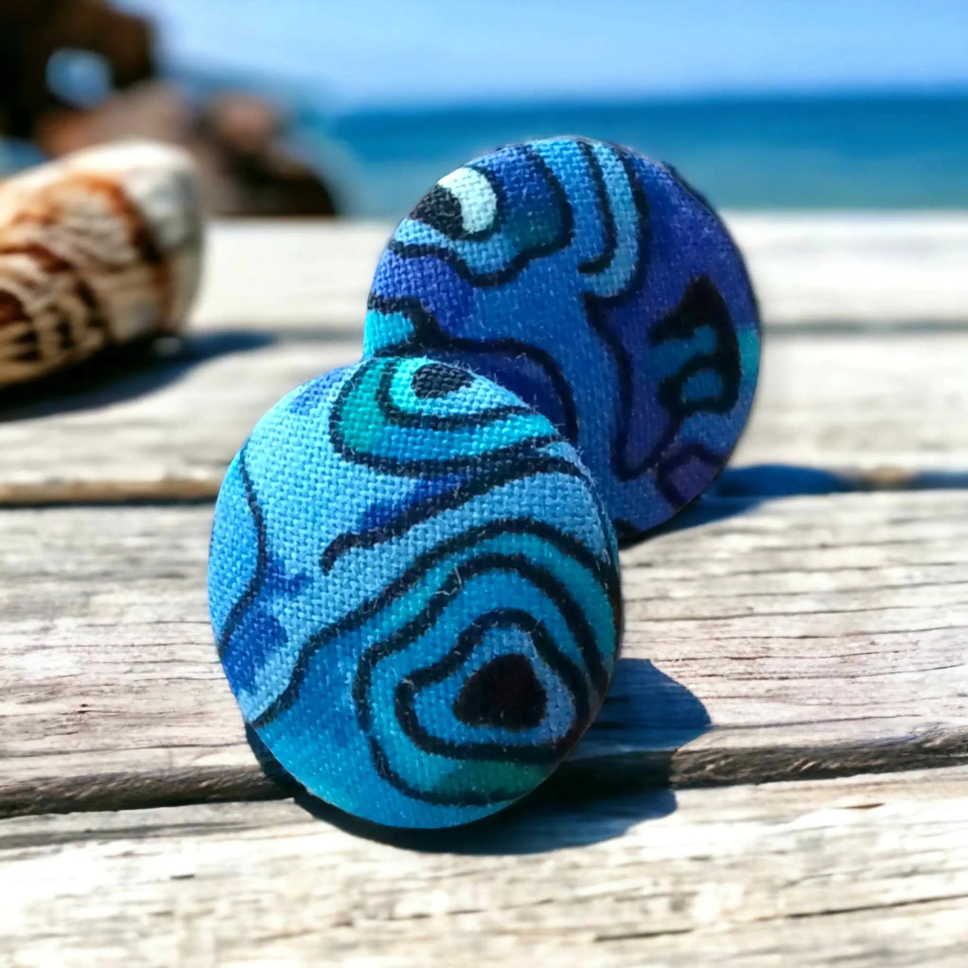 Stunning blue paua shell abalone themed fabric button earrings - Image #1