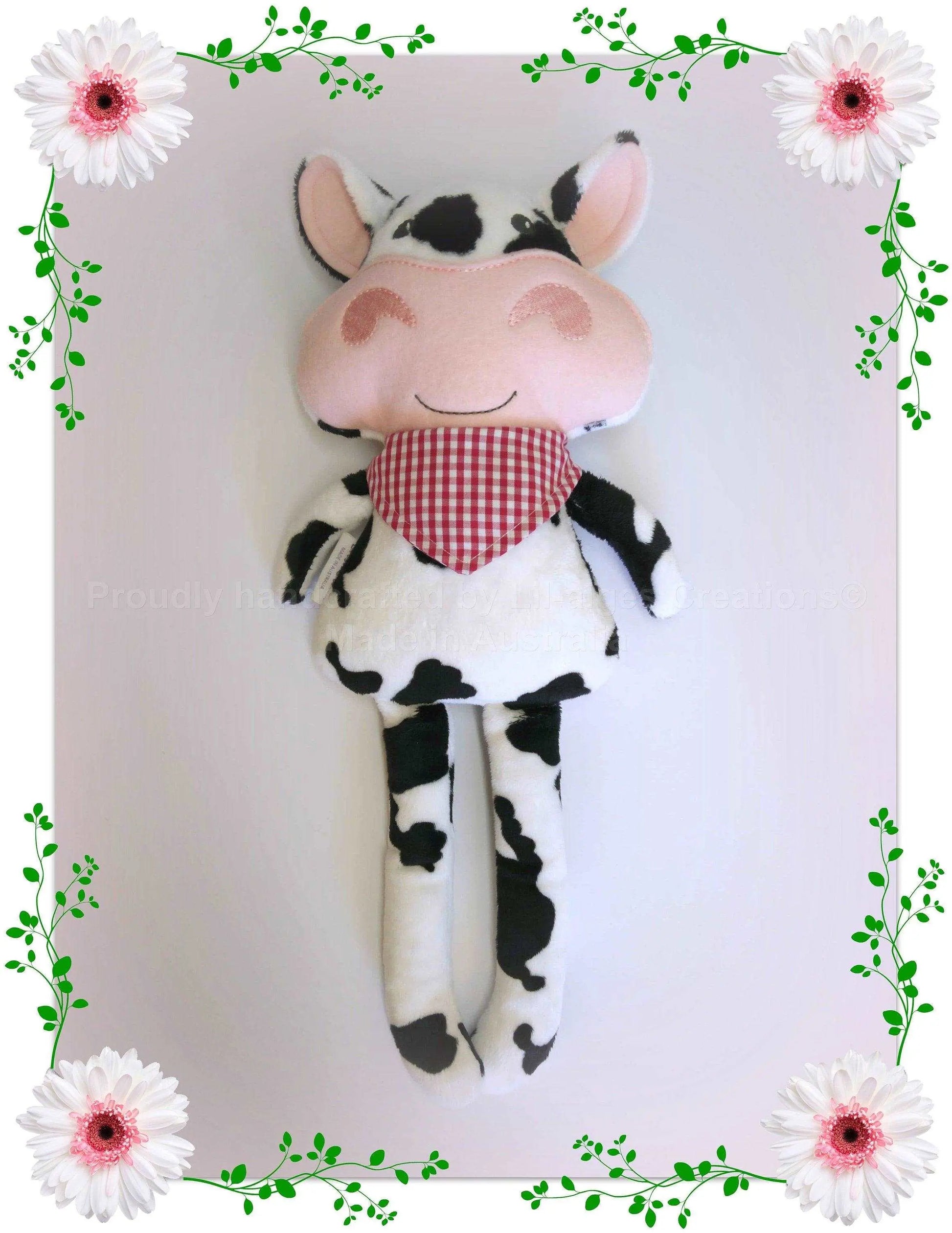 Cute cow stuffed animal plushie with bandana, made in Australia - Lil-aiges Creations - Quality Australian-made Gifts