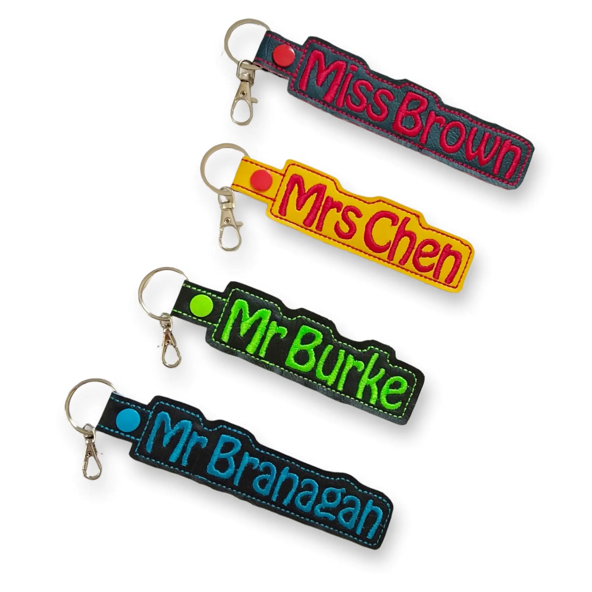Teacher name key fobs, Pink and Purple Thread Choices, made in Australia - Lil-aiges Creations - Quality Australian-made Gifts