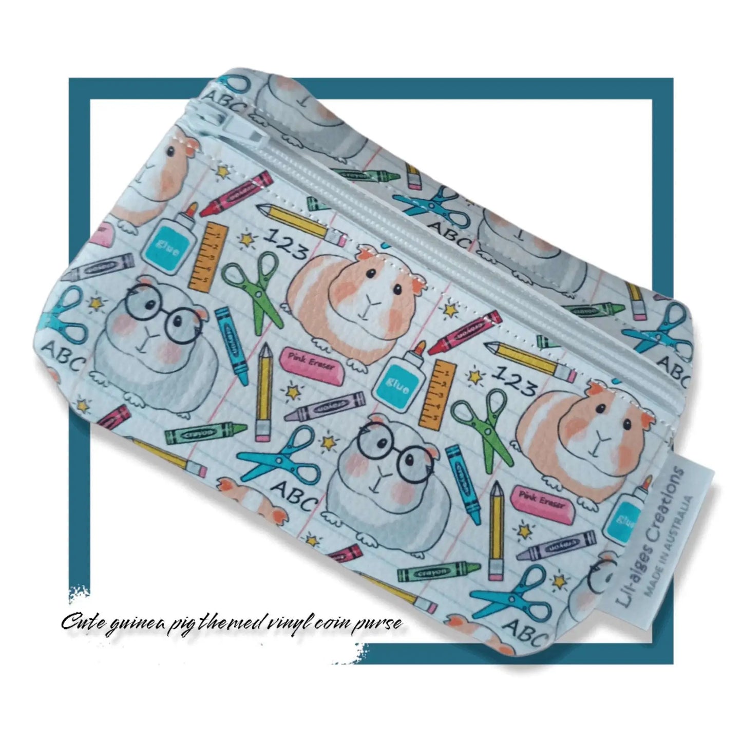 Cute guinea pig themed vinyl coin purse with zipper pull options, made in Australia - Lil-aiges Creations - Quality Australian-made Gifts