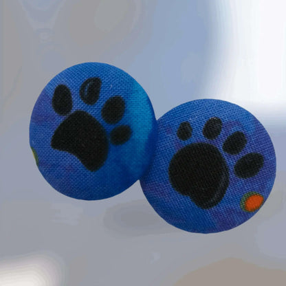 Blue themed paw print fabric button earrings - Lil-aiges Creations - Quality Australian-made Gifts