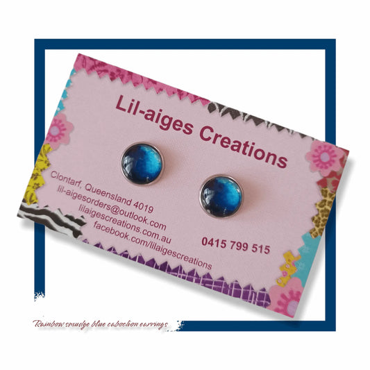 Rainbow smudges blue themed Cabochon stud earrings, made in Australia - Lil-aiges Creations - Quality Australian-made Gifts