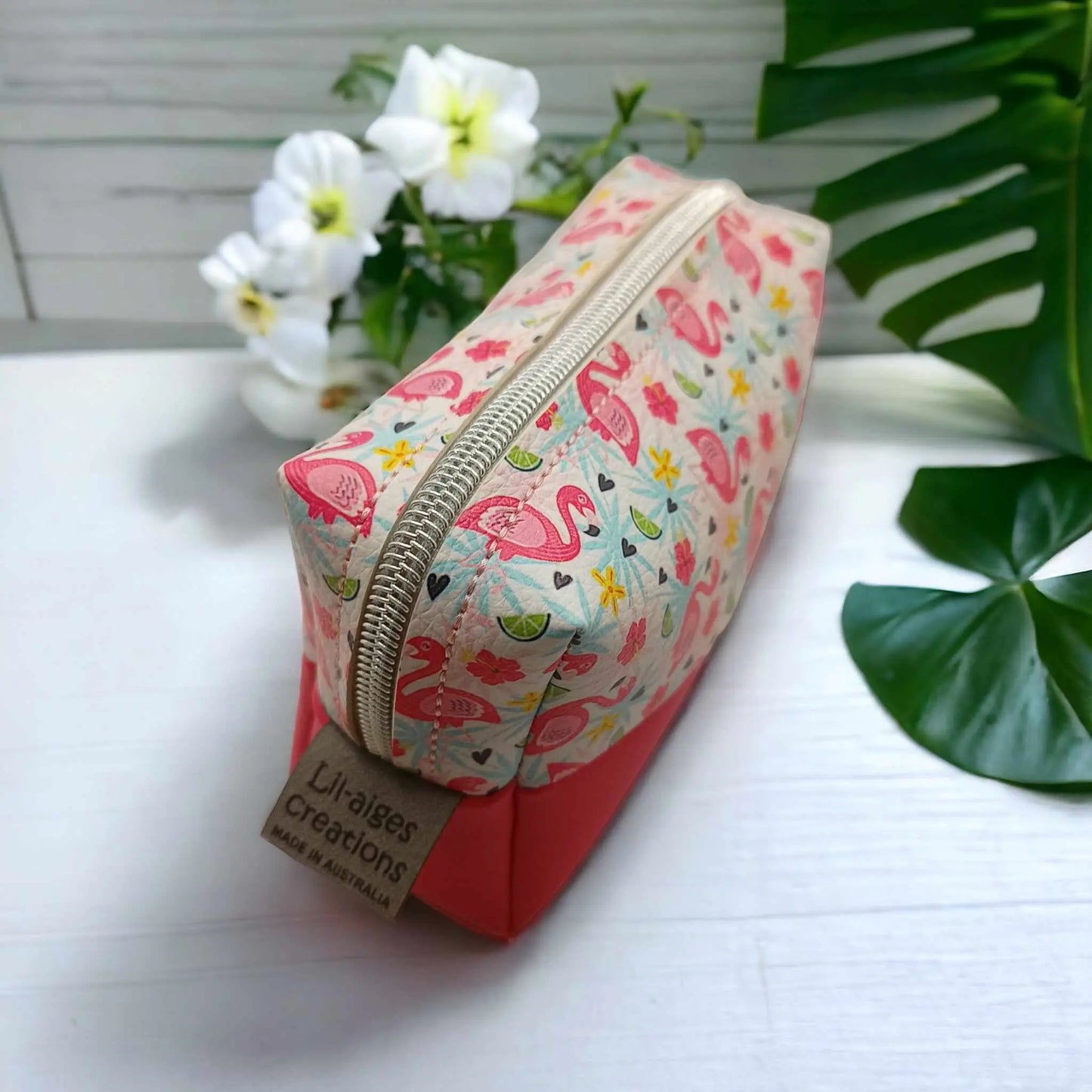 READY TO POST |Pink Flamingo Makeup Box Bag | Cosmetic Bag With Zipper Pull | Boxy Reusable Zipper Bag | Made in Australia - Image #1