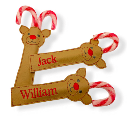 Boy Reindeer Candy Cane Holders with Name Options, Christmas Stocking Filler, made in Australia