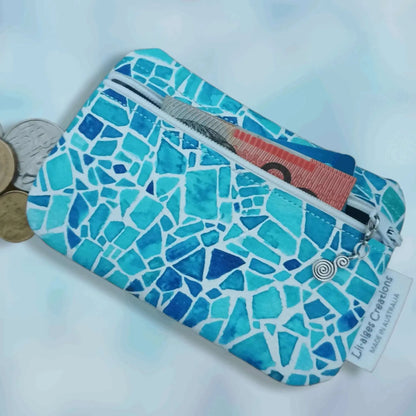Blue mosaic themed handmade vinyl coin purse with zipper pull options, made in Australia - Lil-aiges Creations - Quality Australian-made Gifts