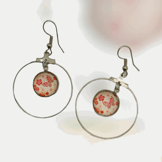 Cute pink butterfly Cabochon hoop earrings, made in Australia - Lil-aiges Creations - Quality Australian-made Gifts