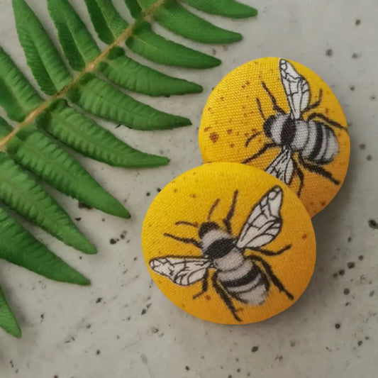 Bee Fabric Stud Earrings Cute Yellow Button Earrings