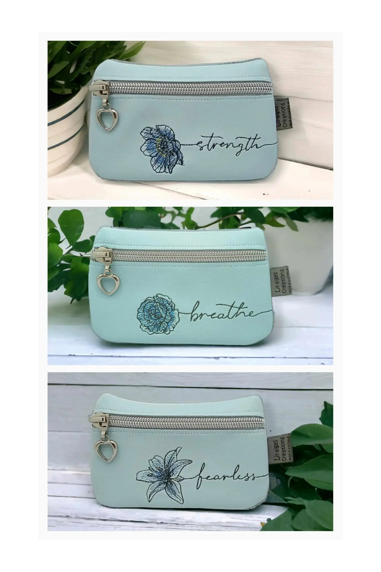 Breathe in Style: Light Blue Zipper Coin Purse with Rose Design - Image #5