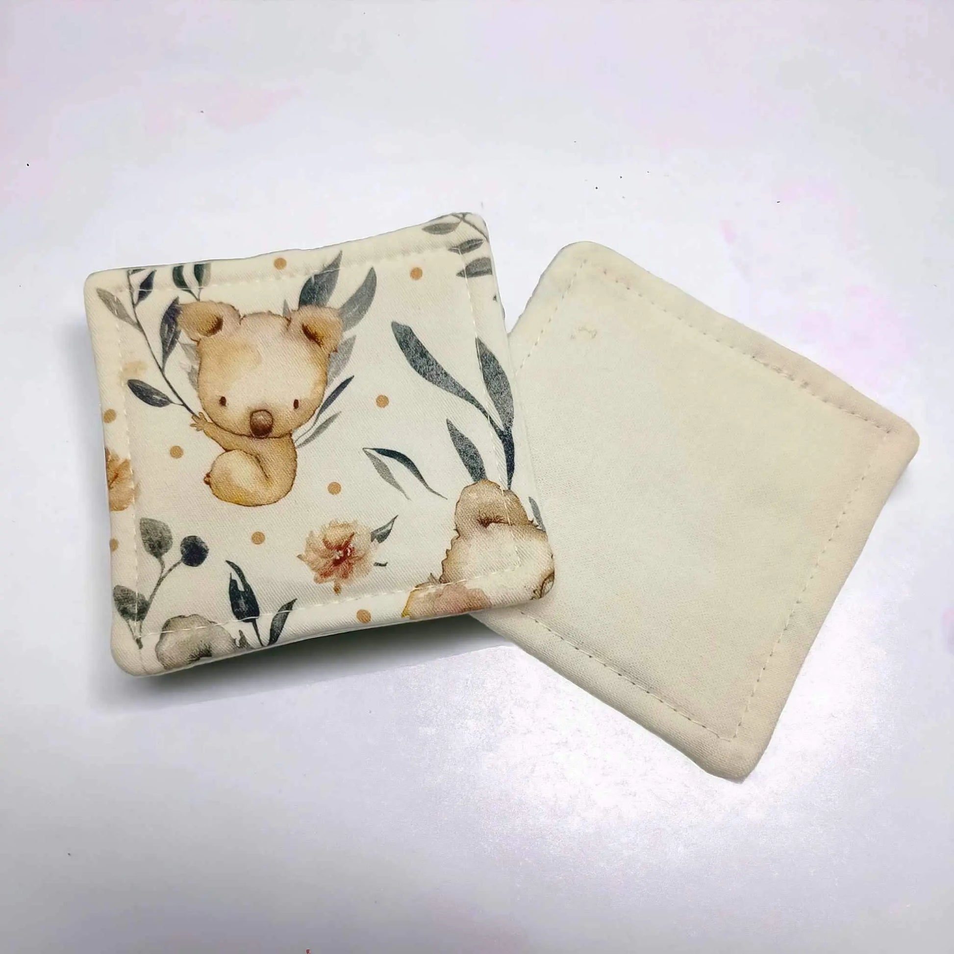 Fawn Koala themed makeup wipes showing front and back. 3 layers - 2 layers cotton with towelling middle. Soft and gentle.