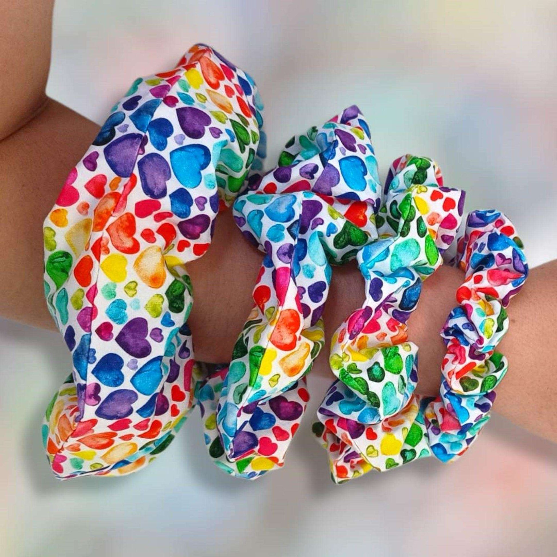Rainbow hearts themed scrunchies, size options available, ready to post, made in Australia - Lil-aiges Creations - Quality Australian-made Gifts