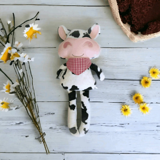 Cute cow stuffed animal plushie with bandana, made in Australia