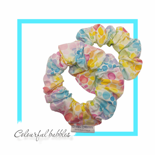 Rainbow bubbles themed scrunchies, ready to post, made in Australia - Lil-aiges Creations - Quality Australian-made Gifts