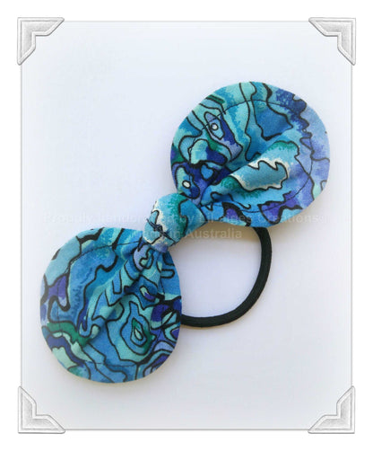 Hair ties, paua shell fabric knot bow hair ties, available now, Australian made - Lil-aiges Creations - Quality Australian-made Gifts