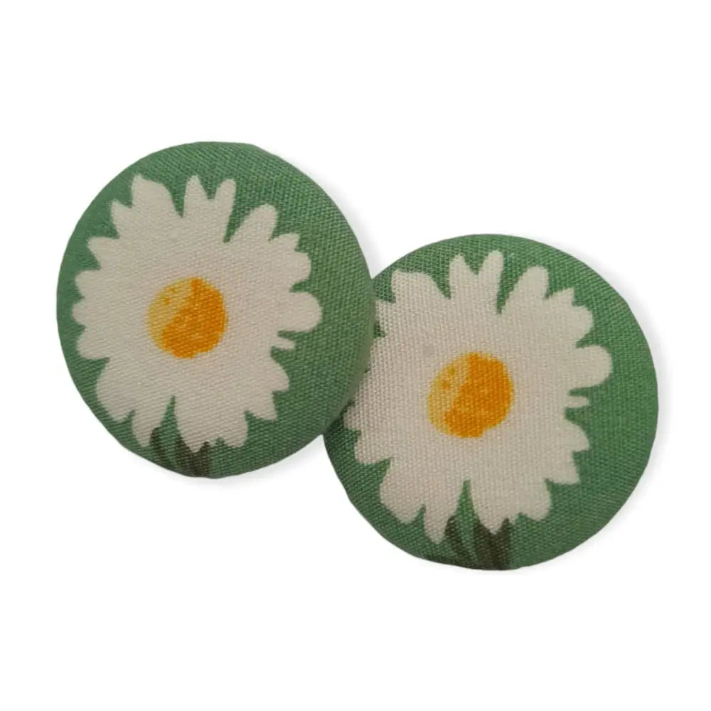 White summer daisy on light green themed fabric button earrings