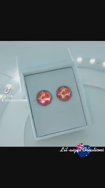Red Poppy Cabochon Stud Earrings with Surgical Grade Stainless Steel Ear Posts
