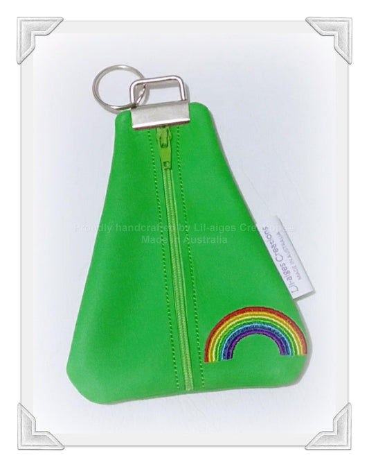 Green vinyl rainbow coin purse, heart zipper pull, made in Australia - Lil-aiges Creations - Quality Australian-made Gifts