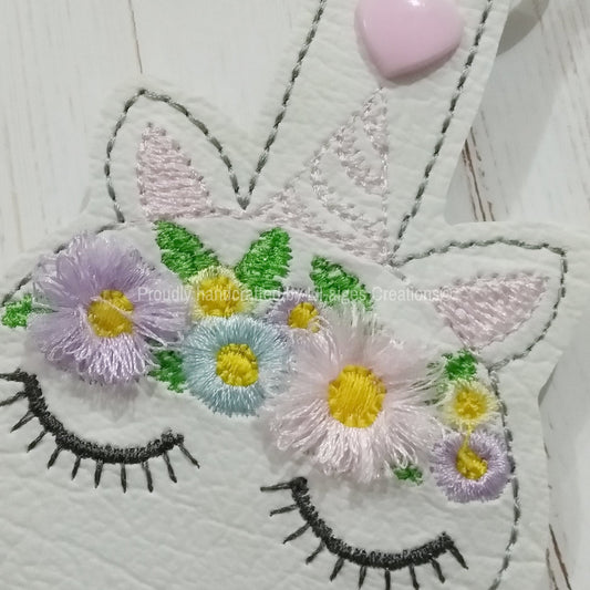 Unicorn key fob with  pale pink, lavender, pale blue fringed flowers, cute gift, Australian made - Lil-aiges Creations - Quality Australian-made Gifts