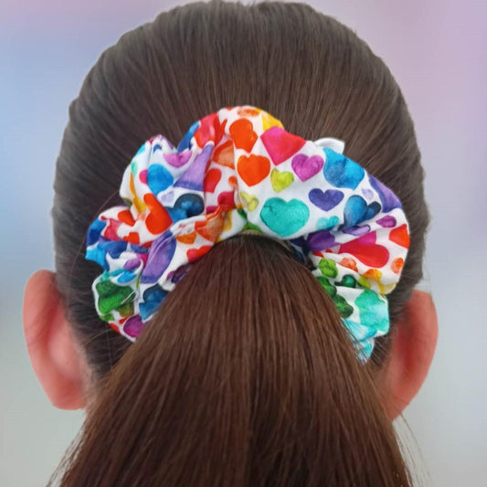 Rainbow hearts themed scrunchies, size options available, ready to post, made in Australia - Lil-aiges Creations - Quality Australian-made Gifts