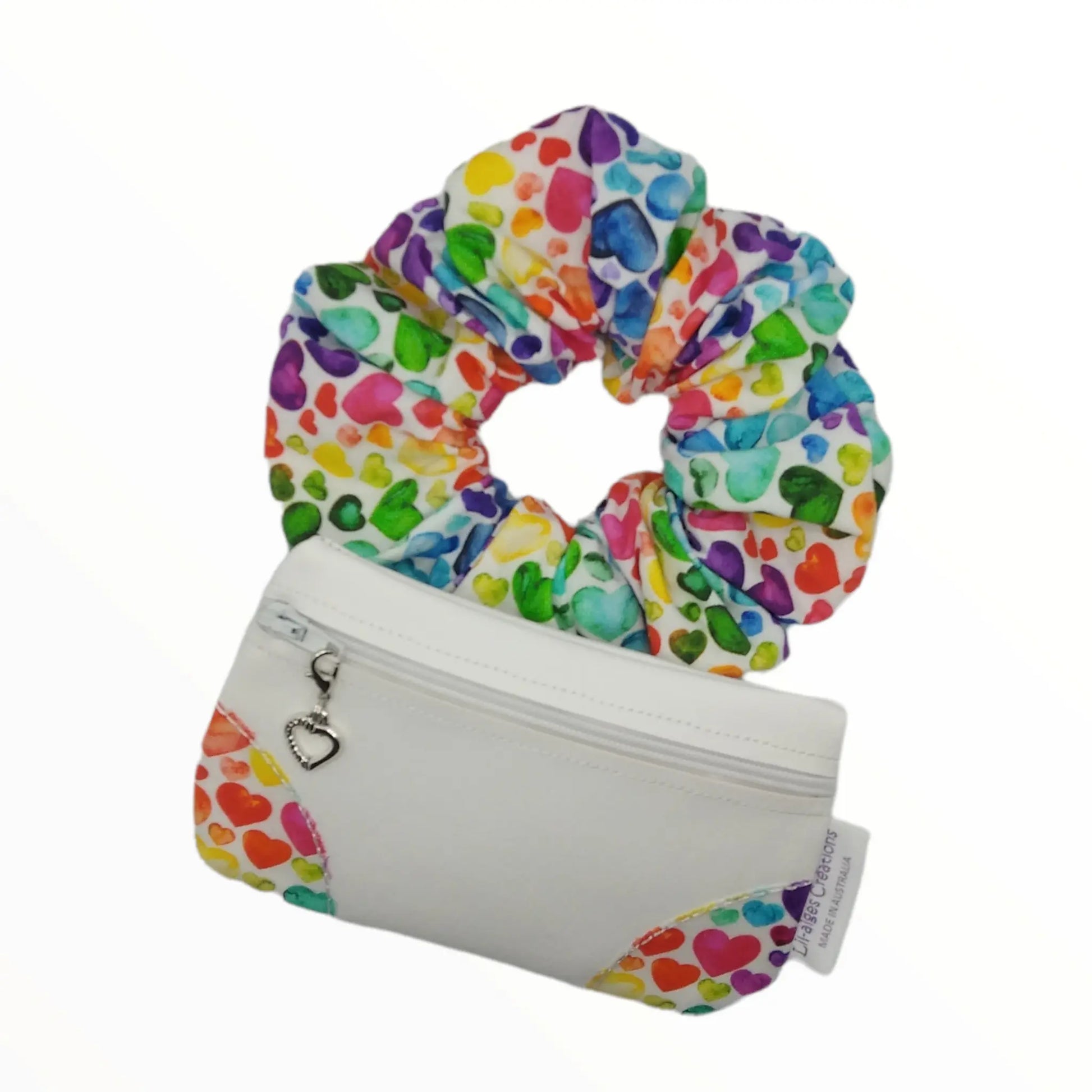 READY TO POST - Rainbow hearts scrunchie and coin purse gift set, made in Australia - Lil-aiges Creations - Quality Australian-made Gifts