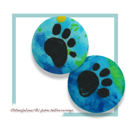 Blue themed paw print fabric button earrings - Lil-aiges Creations - Quality Australian-made Gifts