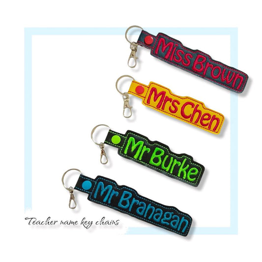 Teacher name key fobs, Pink and Purple Thread Choices, made in Australia - Lil-aiges Creations - Quality Australian-made Gifts