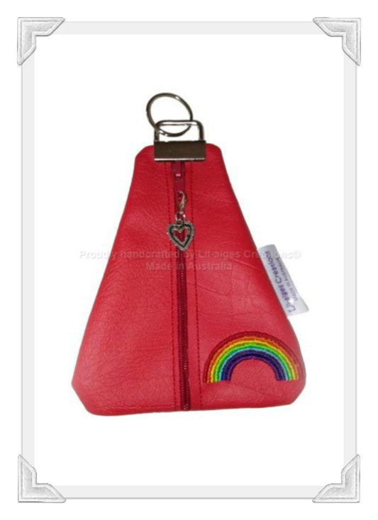 Rainbow themed coin purse, vinyl coin pouch, red triangle coin purse keychain, heart zipper pull bag charm, Australian Made - Lil-aiges Creations - Quality Australian-made Gifts