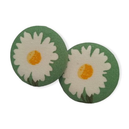 White summer daisy on light green themed fabric button earrings - Lil-aiges Creations - Quality Australian-made Gifts