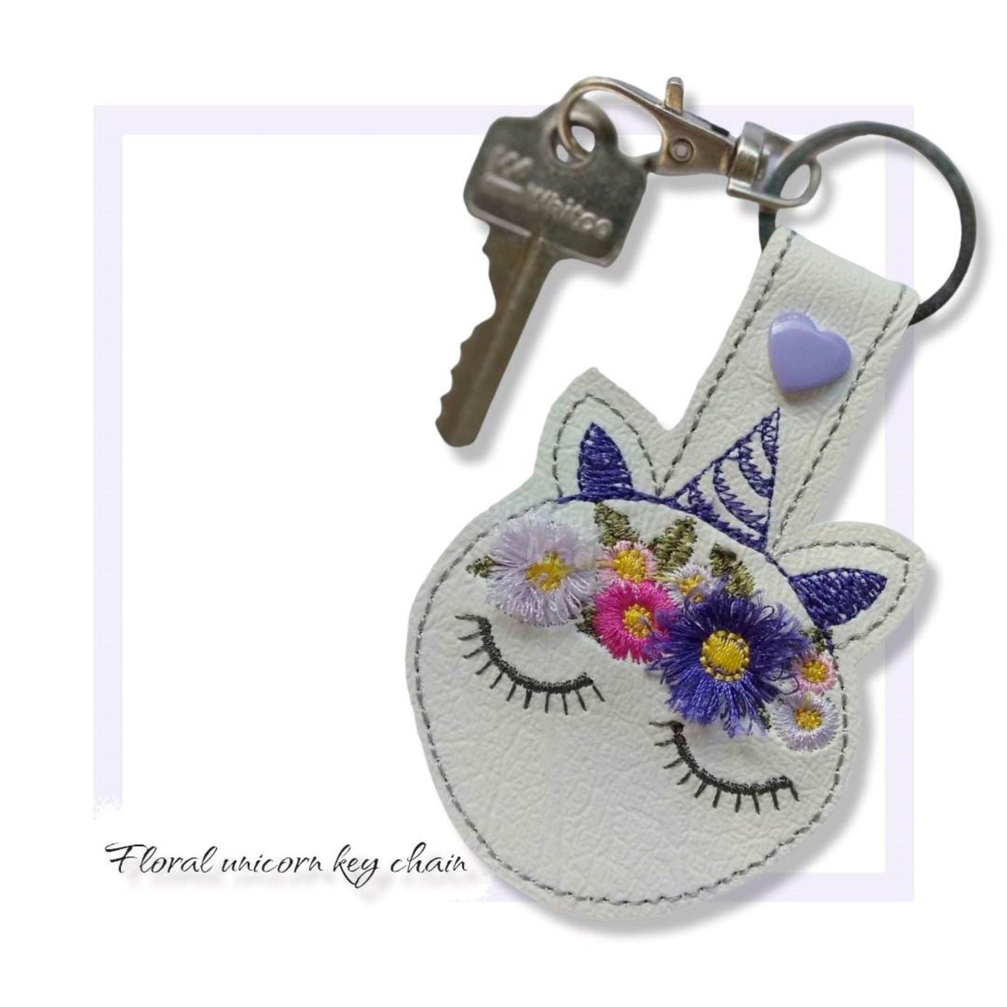 Unicorn key fob with pink and purple fringed flowers, cute gift, Australian made - Lil-aiges Creations - Quality Australian-made Gifts