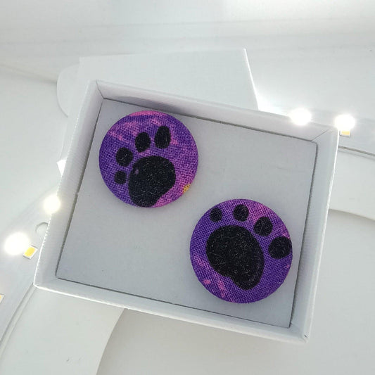 Purple paw print themed fabric button earrings - Lil-aiges Creations - Quality Australian-made Gifts